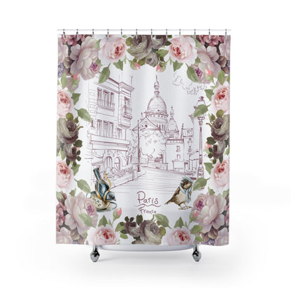 Shabby chic, Paris and flowers, bathroom decor, floral Polyester Shower Curtain