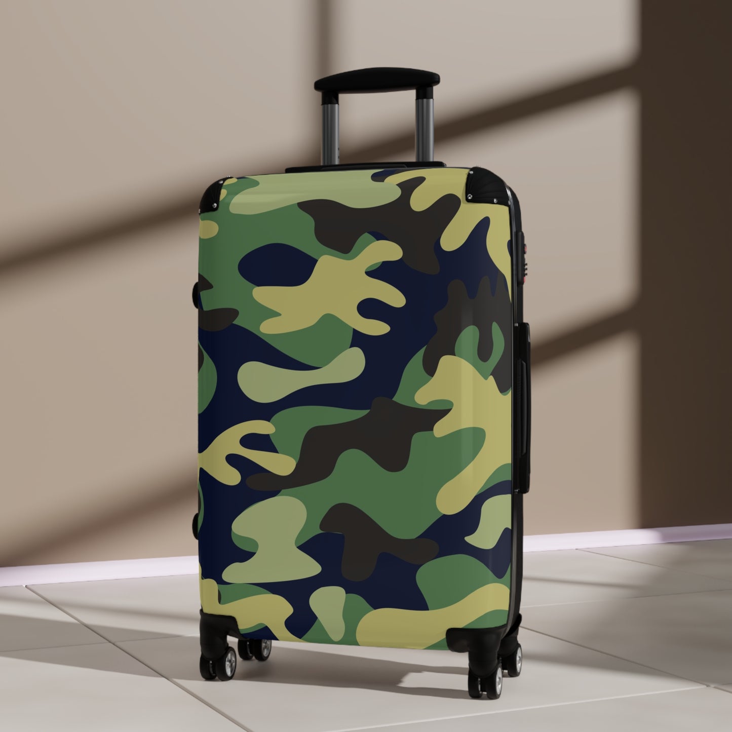 Camo travel Suitcase on wheels with secure lock, carry on luggage, roller case, camouflage, weekend bag, cabin suitcase, hard shell case