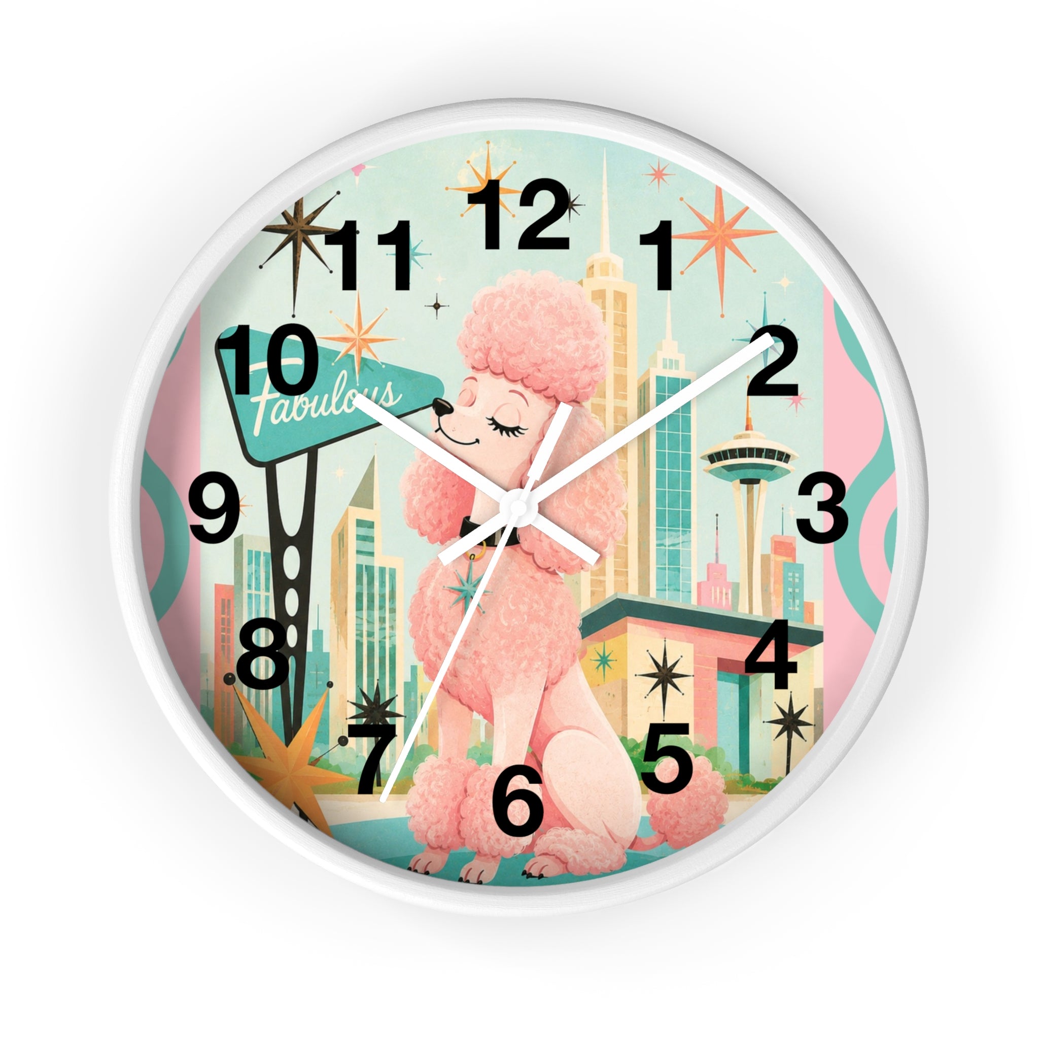 Pink Retro Poodle Wall Clock | Mid Century Atomic City Scene