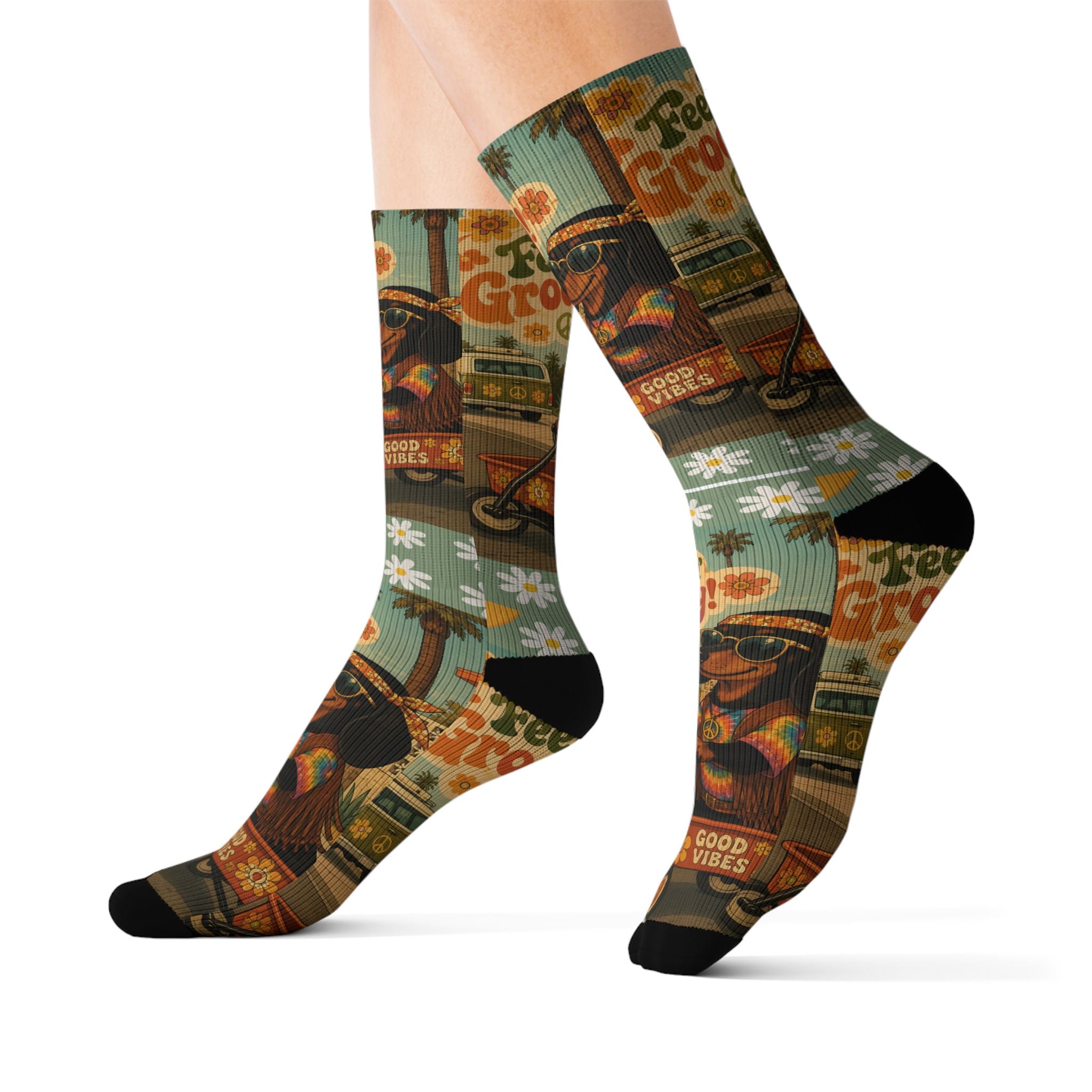 Feelin' Groovy Retro Dachshund Illustration Socks | Vintage Hippie Floral Pattern