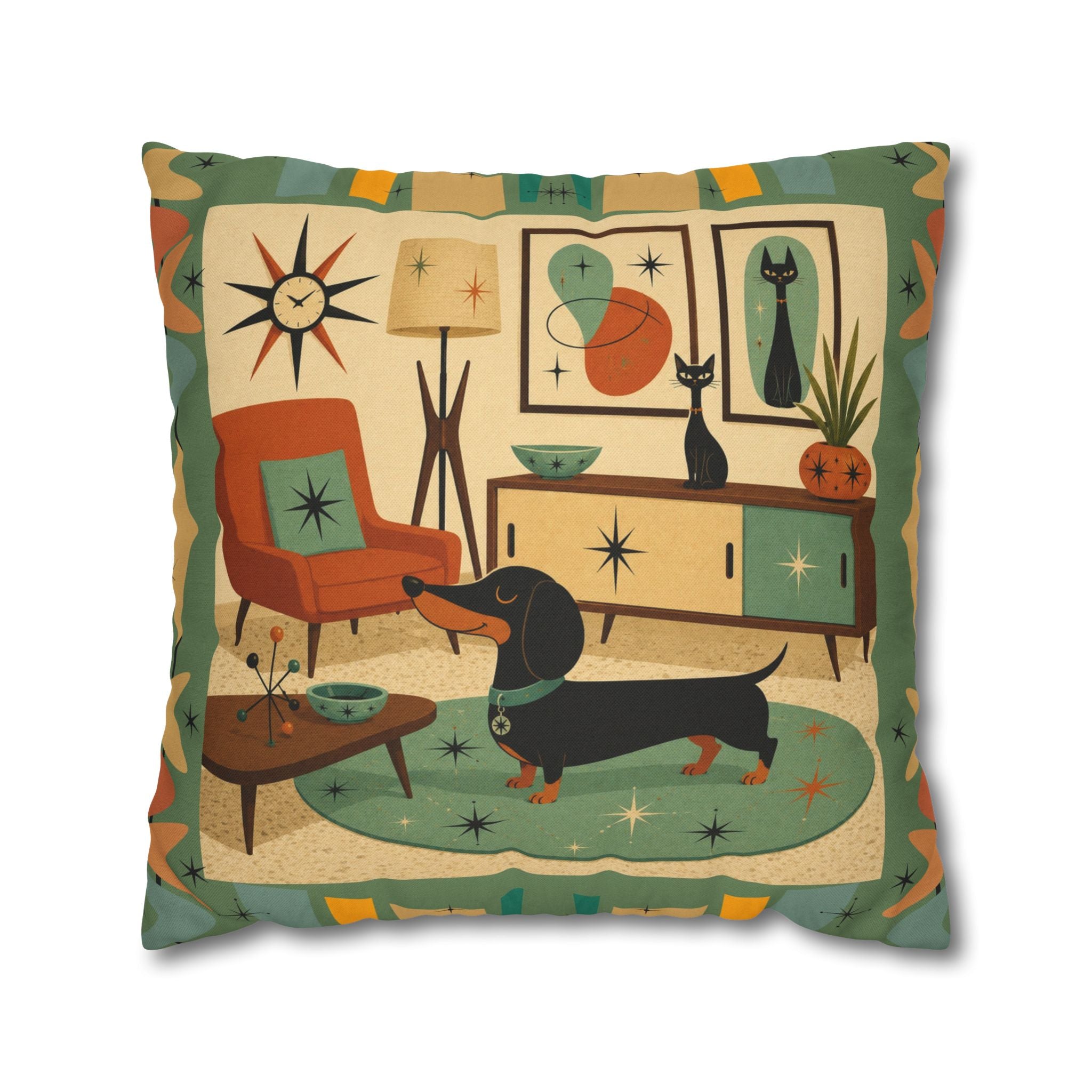 Mid-Century Living Room Dachshund Pillowcase | Square Pillowcase - COVER ONLY