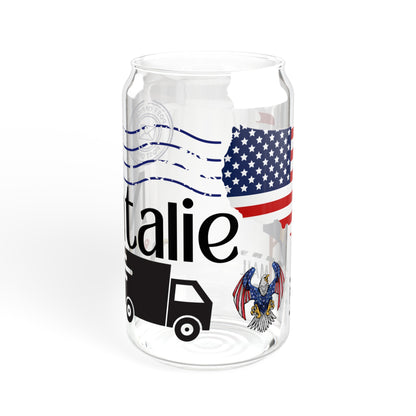 Personalized Sipper Glass, 16oz, delivery driver gift, courier iced coffee cup, USA drinking glass, patriotic glass