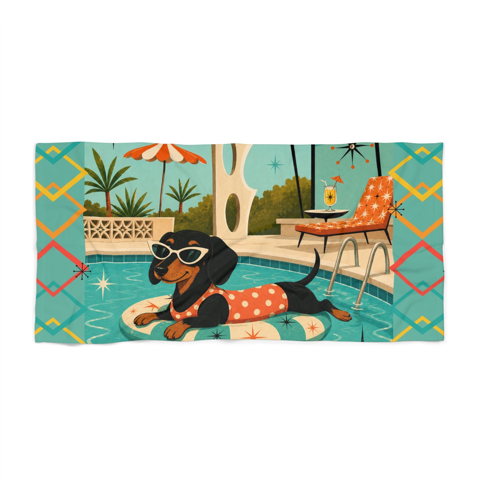 Retro Dachshund Pool Float beach towel | vintage mid century dog design