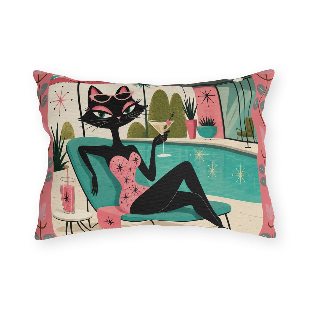 Retro Poolside Cat Outdoor Pillow | Mid Century Modern Cocktail