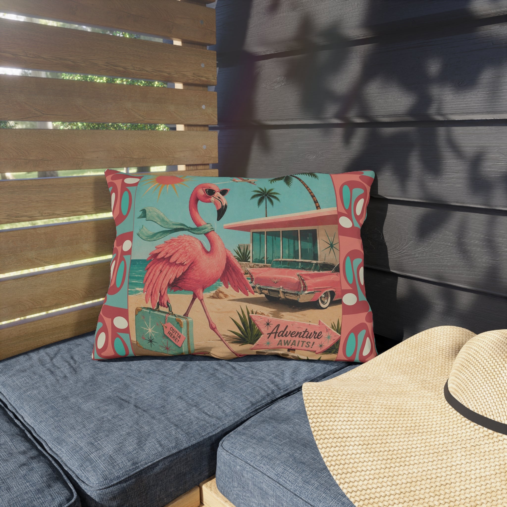 Retro Flamingo fly away Travel Illustration Outdoor Pillow | Mid Century Beach Adventure