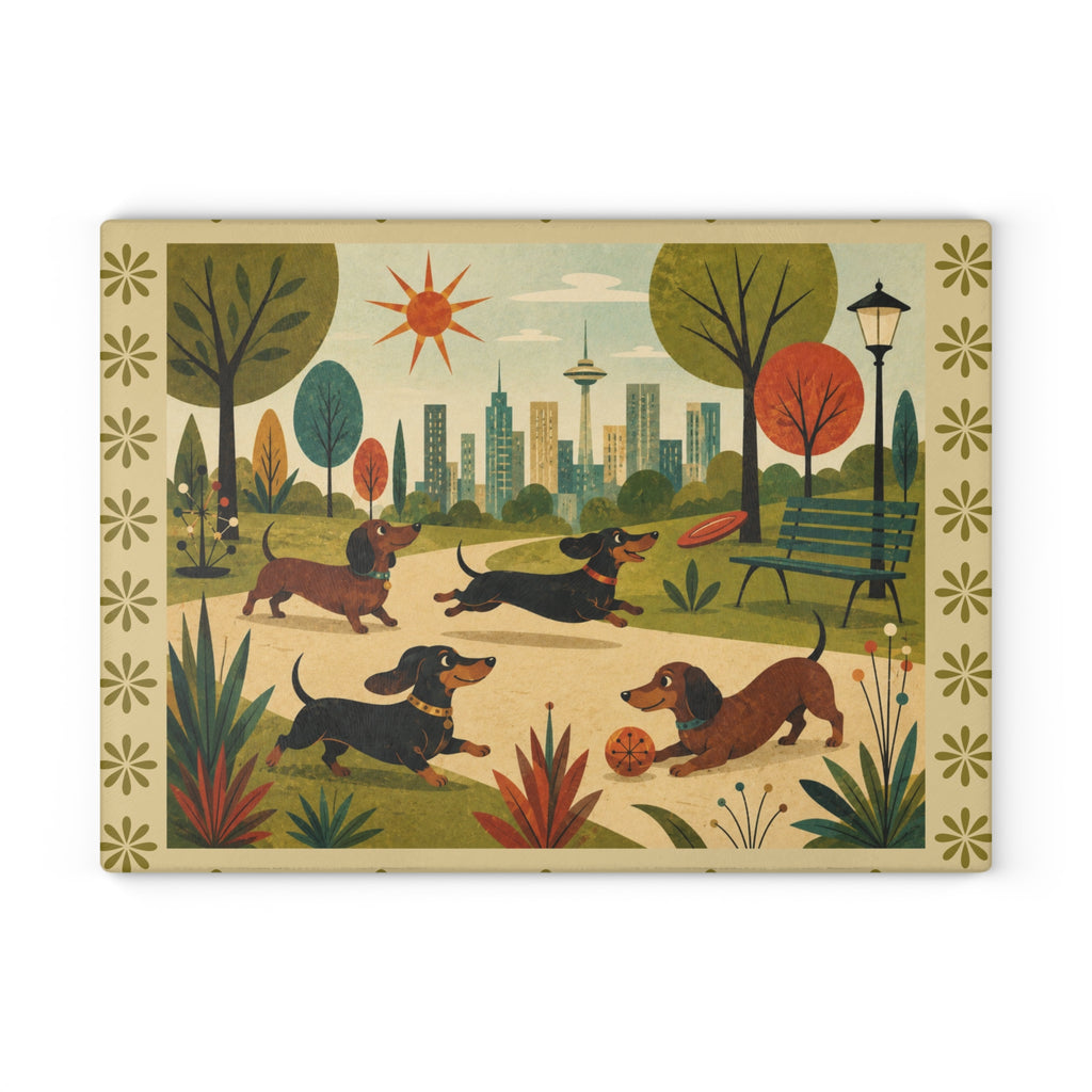 MCM Dachshund Park Scene Glass Cutting Board | Sausage Dog Illustration
