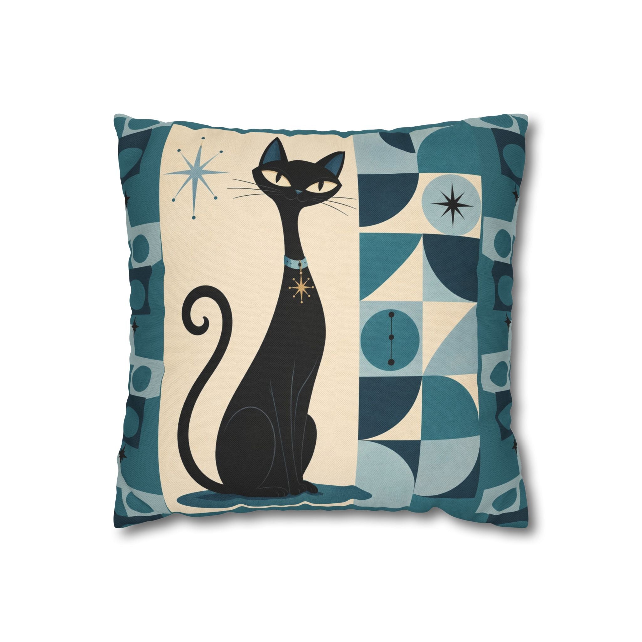 Mid Century Atomic Black Cat Pillowcase | Square Pillowcase, Retro Geometric Cat - COVER ONLY