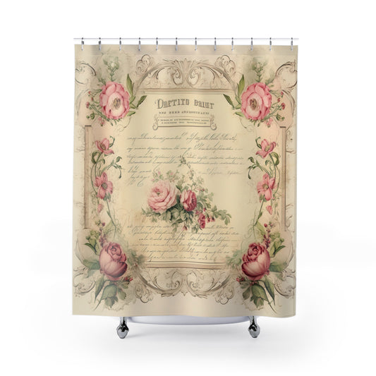 Old Certificate vintage roses Shabby chic Shower Curtain, French vintage, Farmhouse, country cottage, stall shower curtain