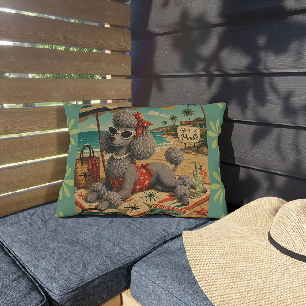 Retro Beach Poodle Outdoor Pillow | Vintage MCM Pinup Dog Tropical Scene
