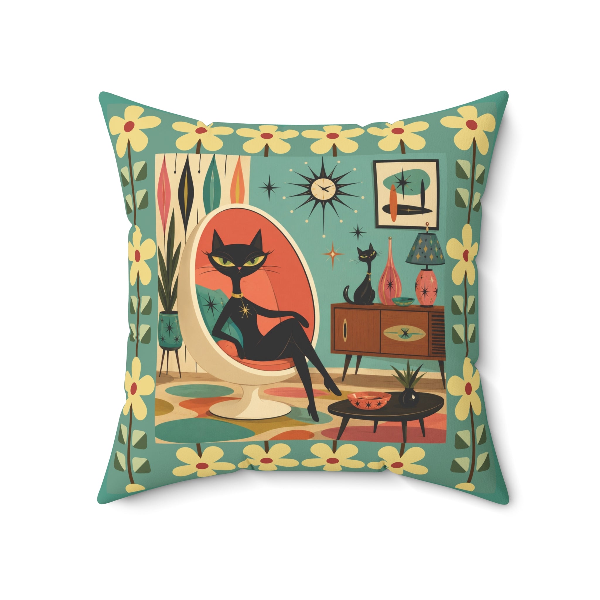 Mid Century Retro Atomic Black Cat in Egg chair Pillow | 1950s Vintage Living Room Decor