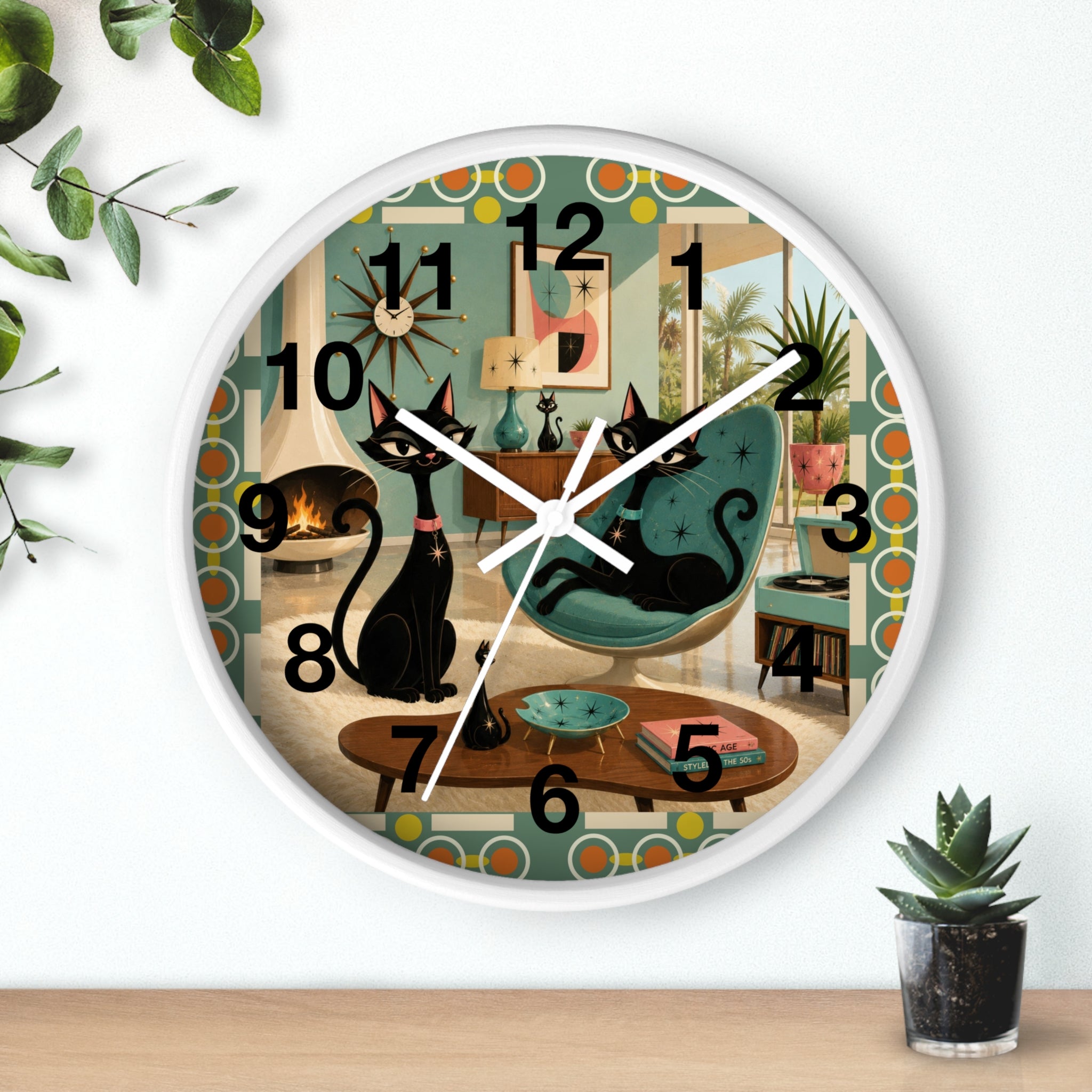 Mid Century Atomic Black Cats Wall Clock | Retro Living Room Decor