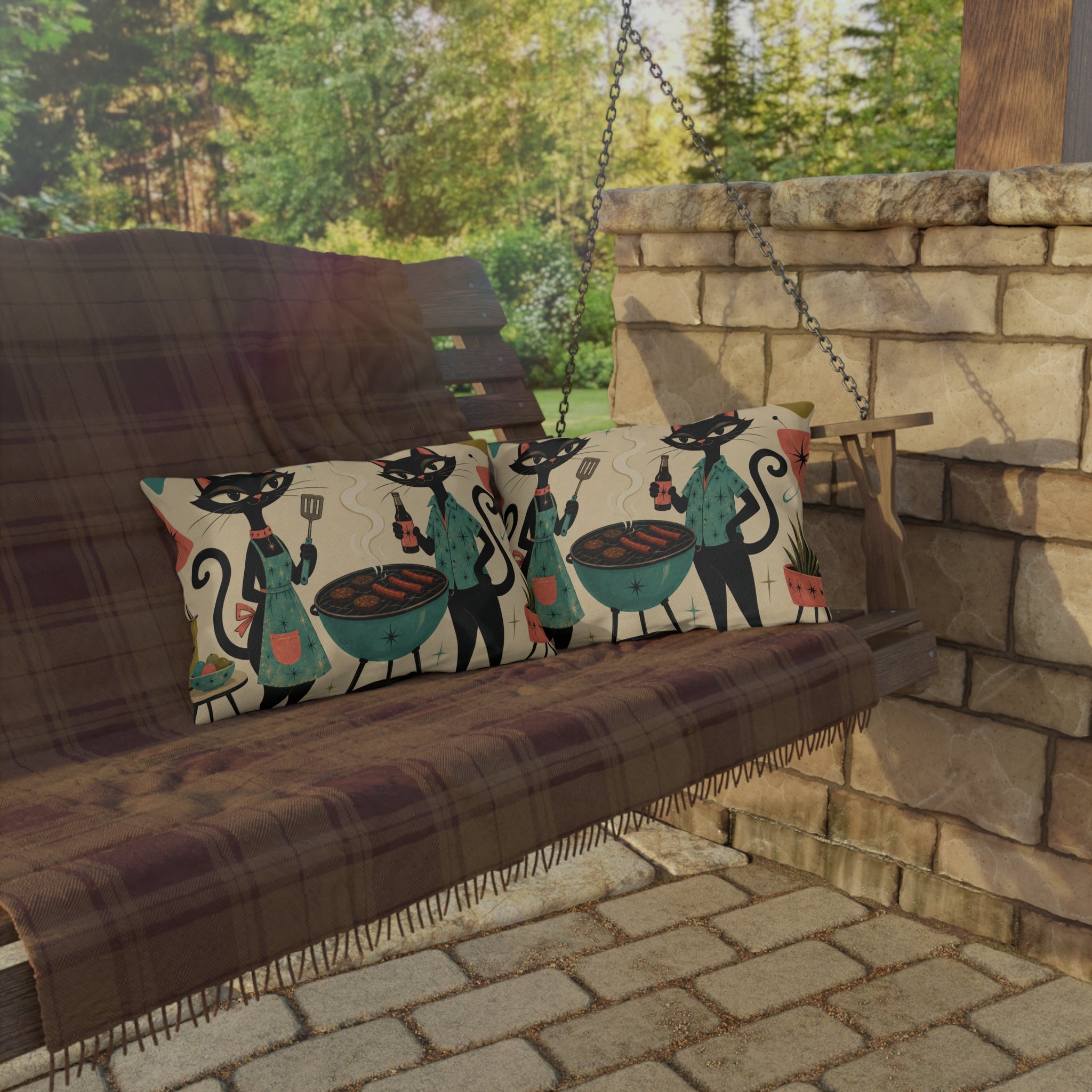 Retro Atomic Black Cats BBQ Outdoor Pillow | Mid Century Modern Cat Grill Decorative Cushion