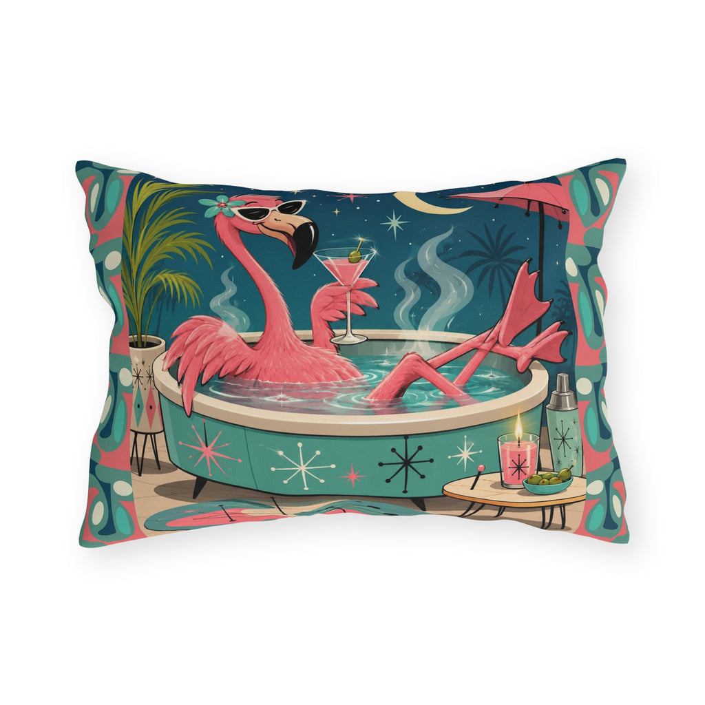 Retro Flamingo in Hot Tub Outdoor Pillow | Mid Century Tropical Patio Decor