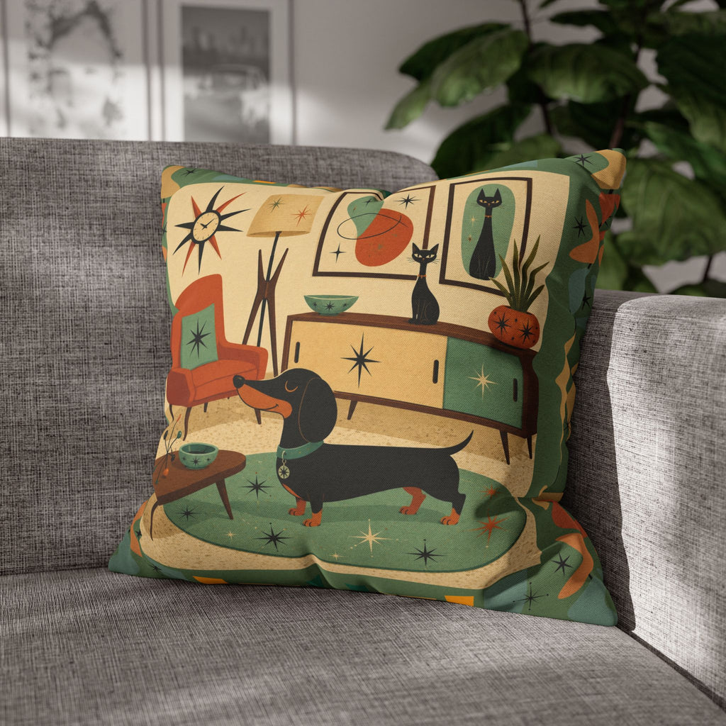 Mid-Century Living Room Dachshund Pillowcase | Square Pillowcase - COVER ONLY