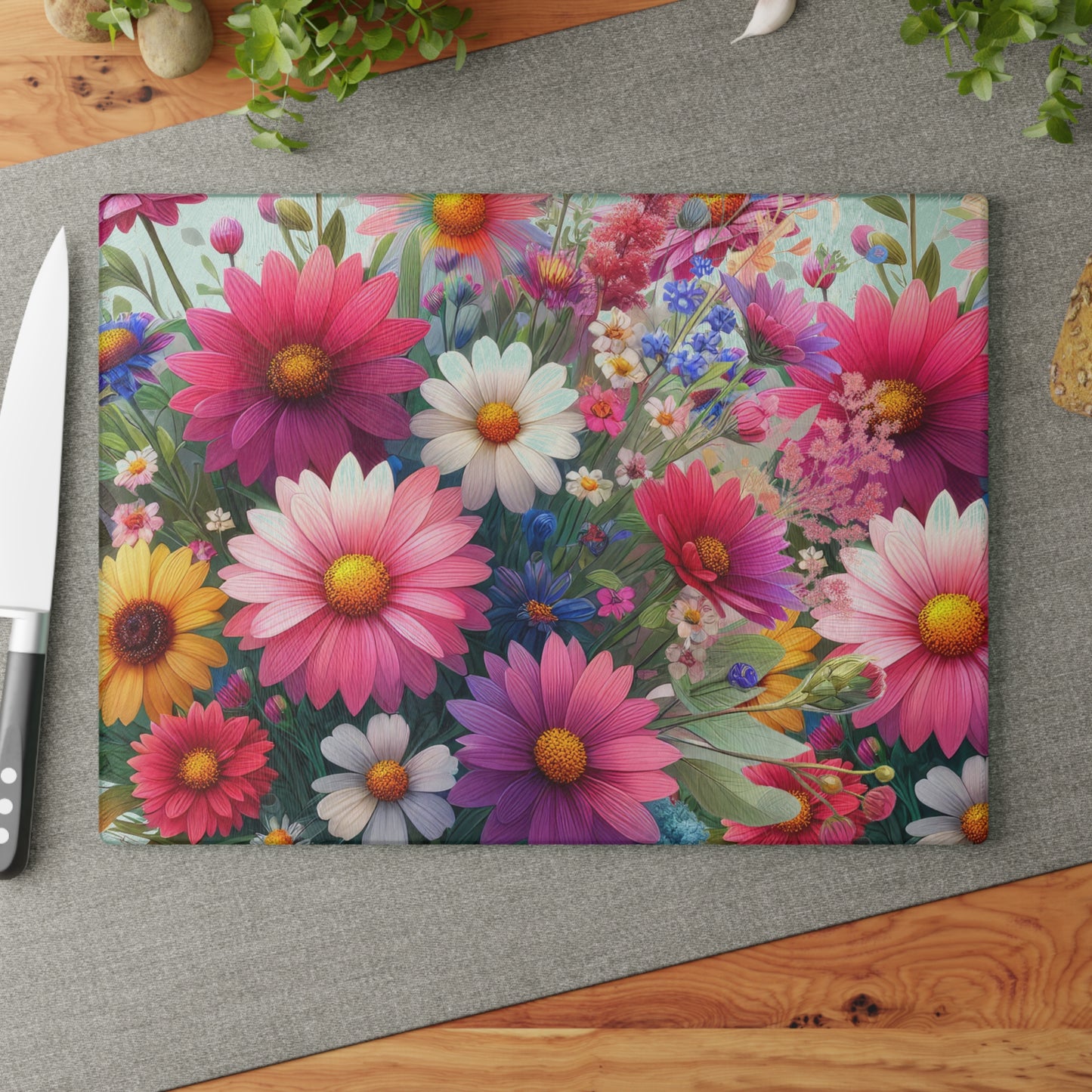 Colorful Wildflowers Glass Cutting Board, tempered glass, wildflower kitchen decor, housewarming gift