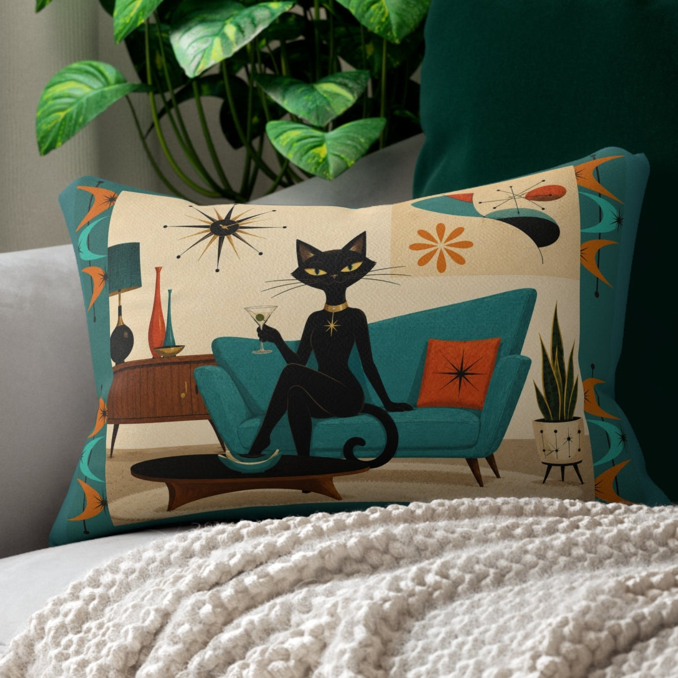 Mid Century Atomic Cat Lounge Lumbar Pillow | Retro Atomic Living Room