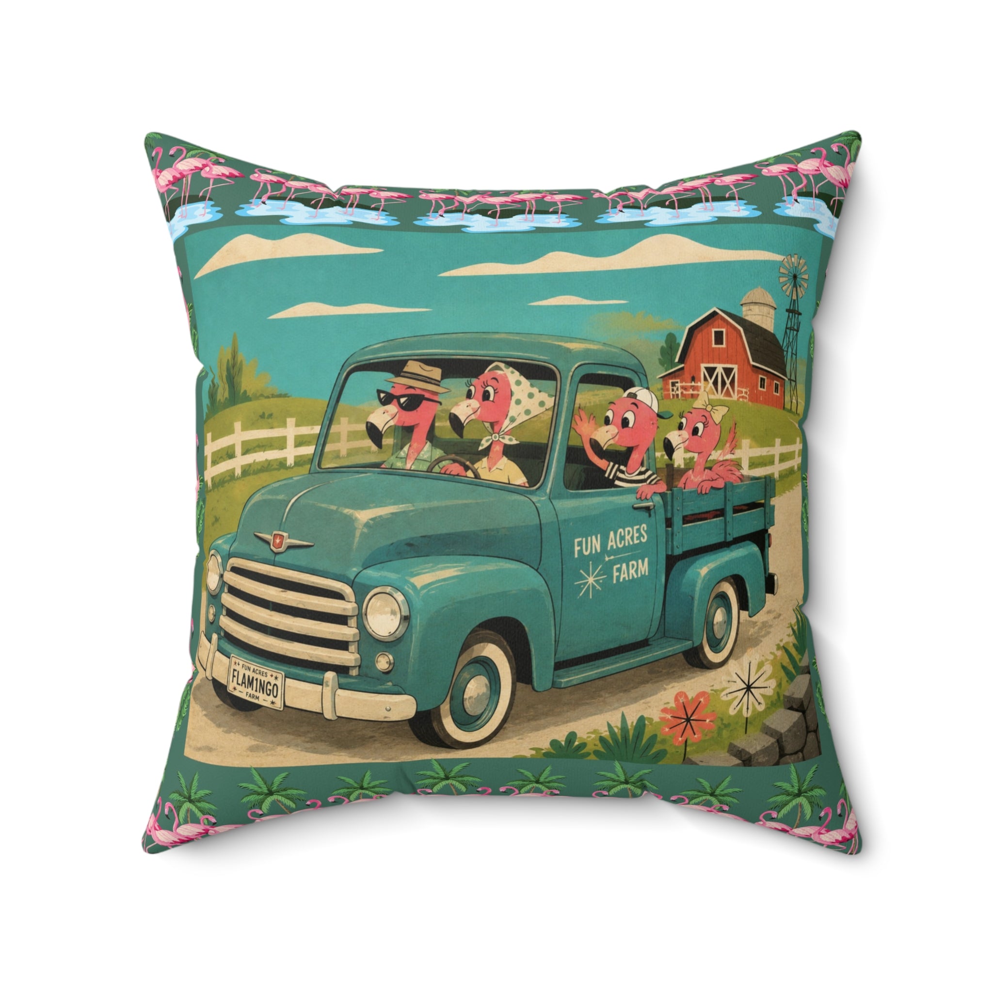 MCM Pink Flamingo Vintage Farm Truck Pillow | Retro Pickup with Farm Animals
