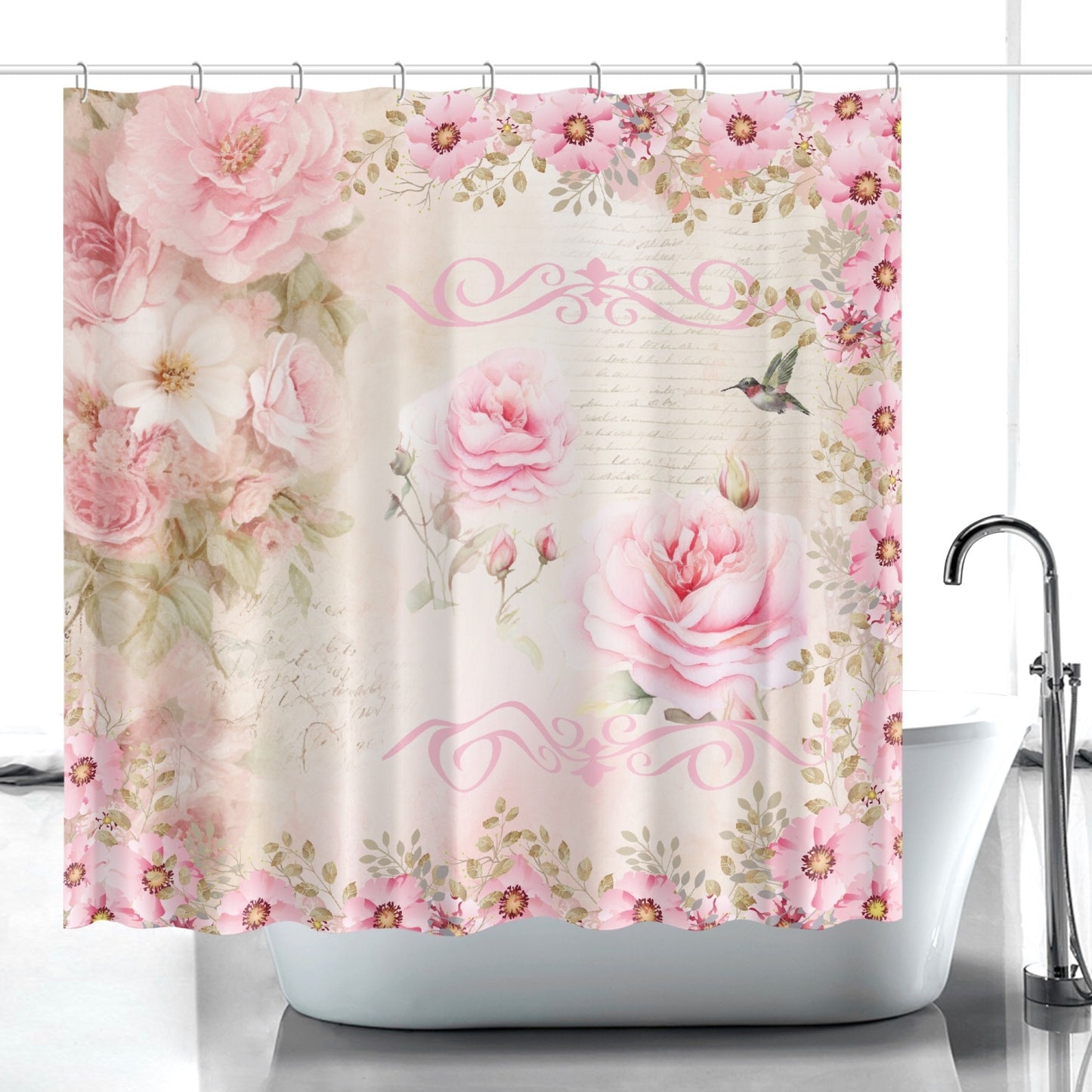 Shabby chic style pink flowers Quick-drying Shower Curtain, French vintage inspired, floral, Farmhouse, bathtub stall shower curtain