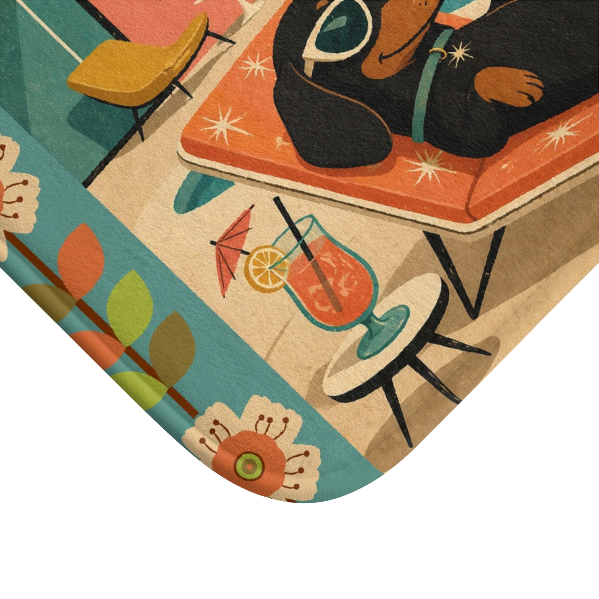 Dachshund Poolside Retro Illustration Bath Mat | Mid Century Tropical Vibe