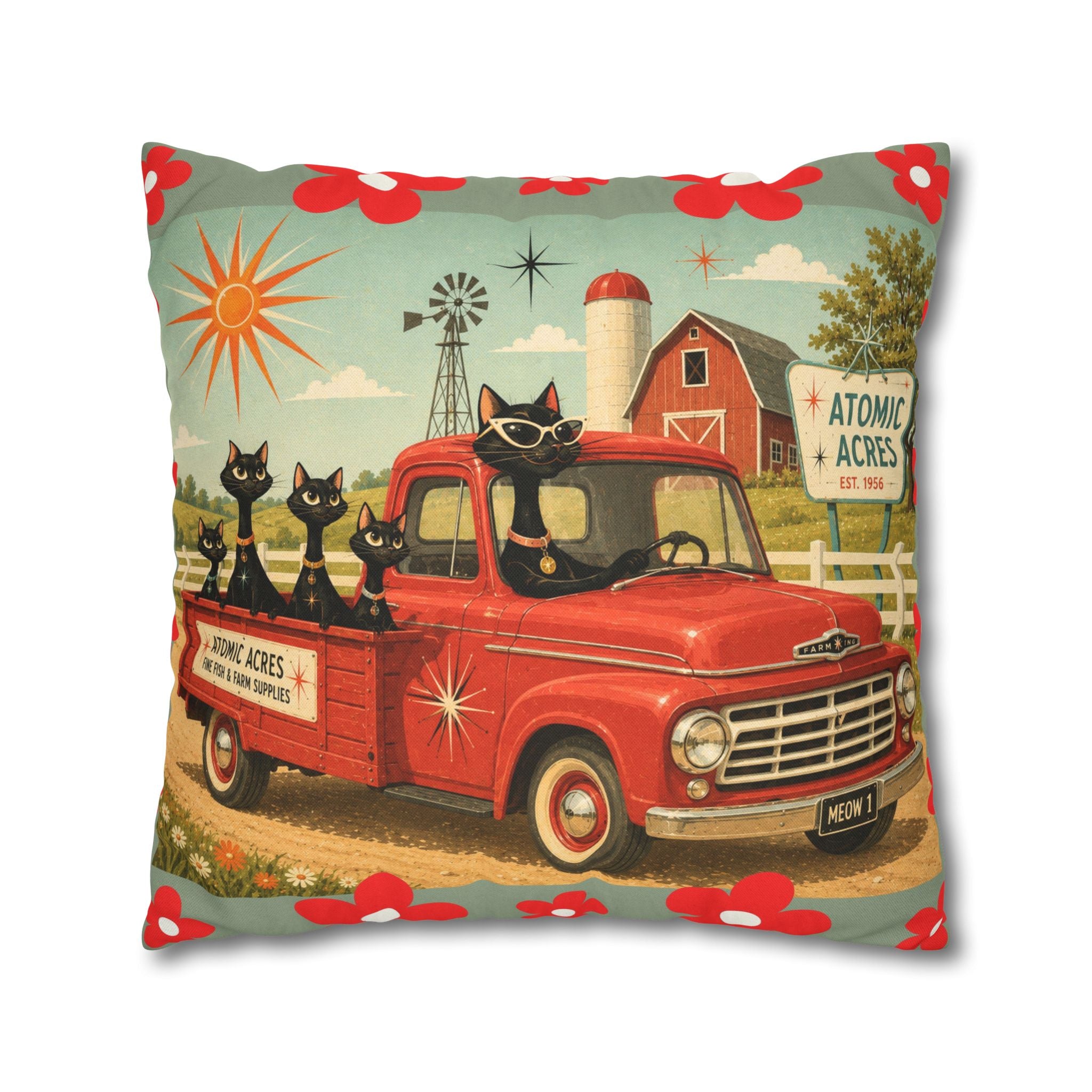 Retro Red Truck with Atomic Black Cats and kittens Pillowcase | MCM Square Pillowcase - COVER ONLY