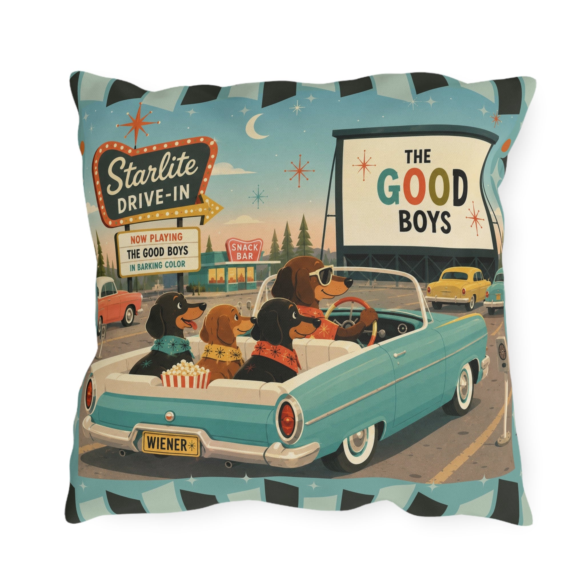 MCM Dachshund Drive-In Dogs Retro Art Outdoor Pillow | Vintage Movie Night