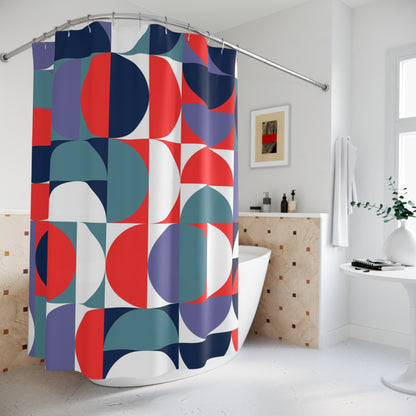 Mid century modern retro red blue teal Polyester Shower Curtain, retro bathroom, MCM home decor