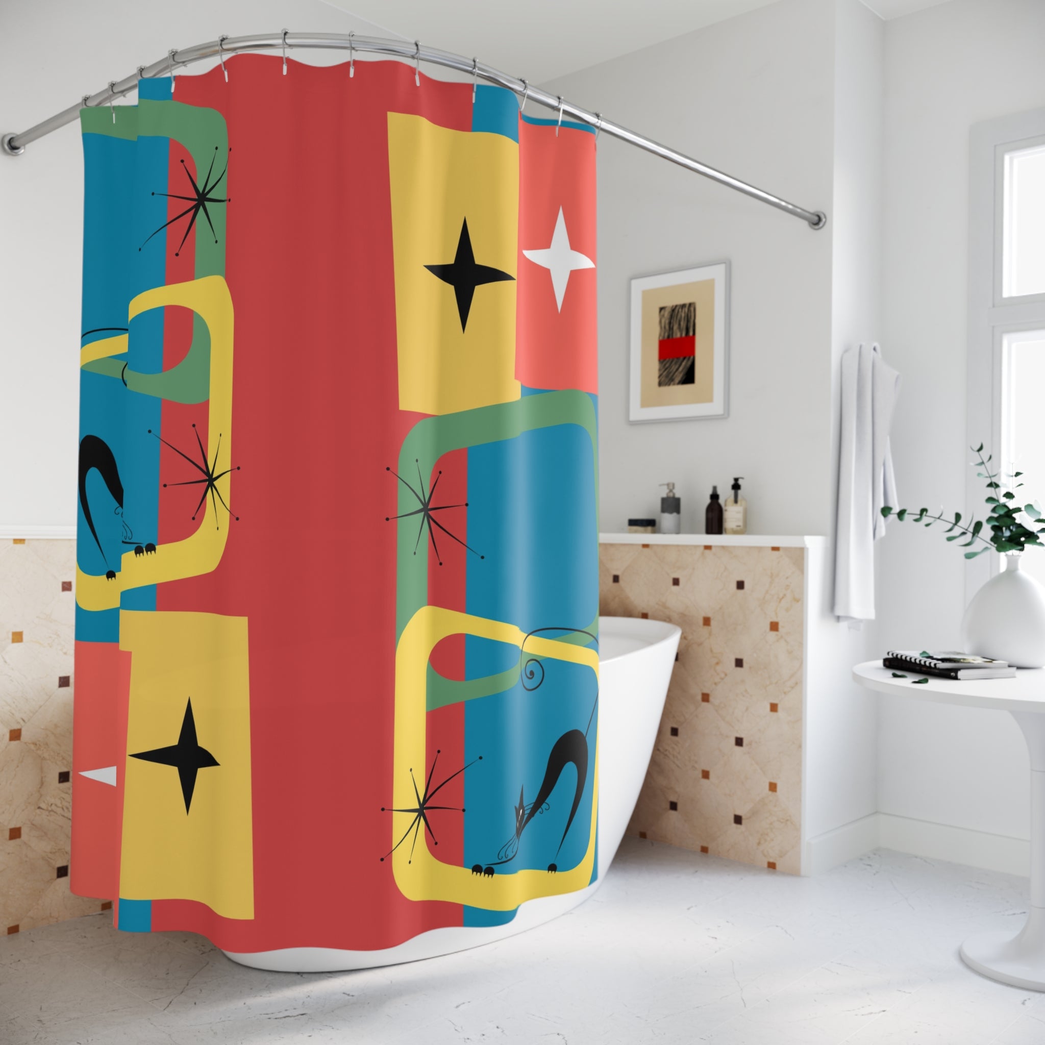 Atomic cat MCM Shower Curtain Mid Century Modern bathroom decor black at lover gift