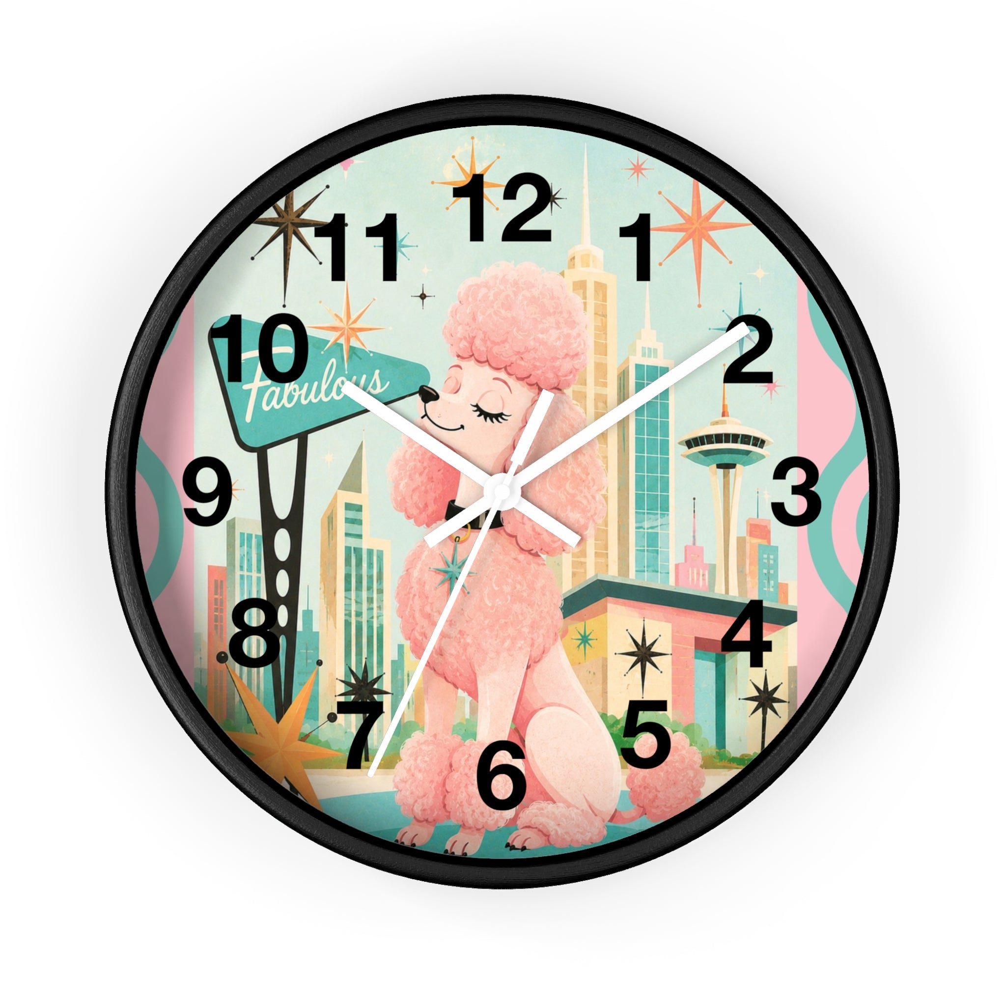 Pink Retro Poodle Wall Clock | Mid Century Atomic City Scene