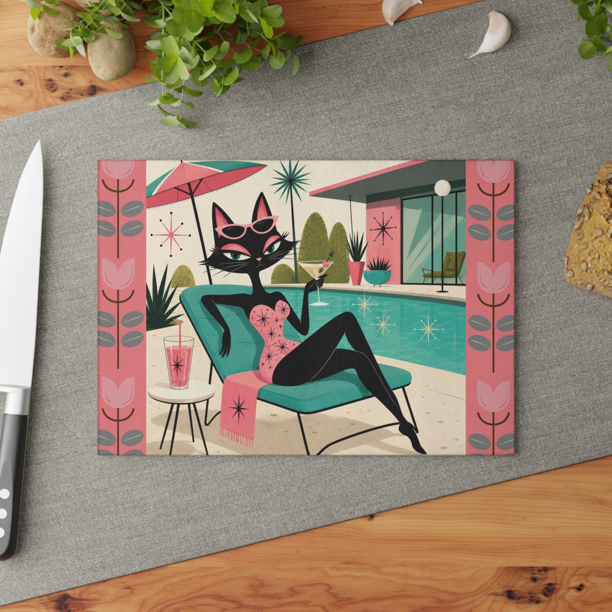 Retro Lounge Atomic Cat Glass Cutting Board | Mid Century Poolside Cocktail Art