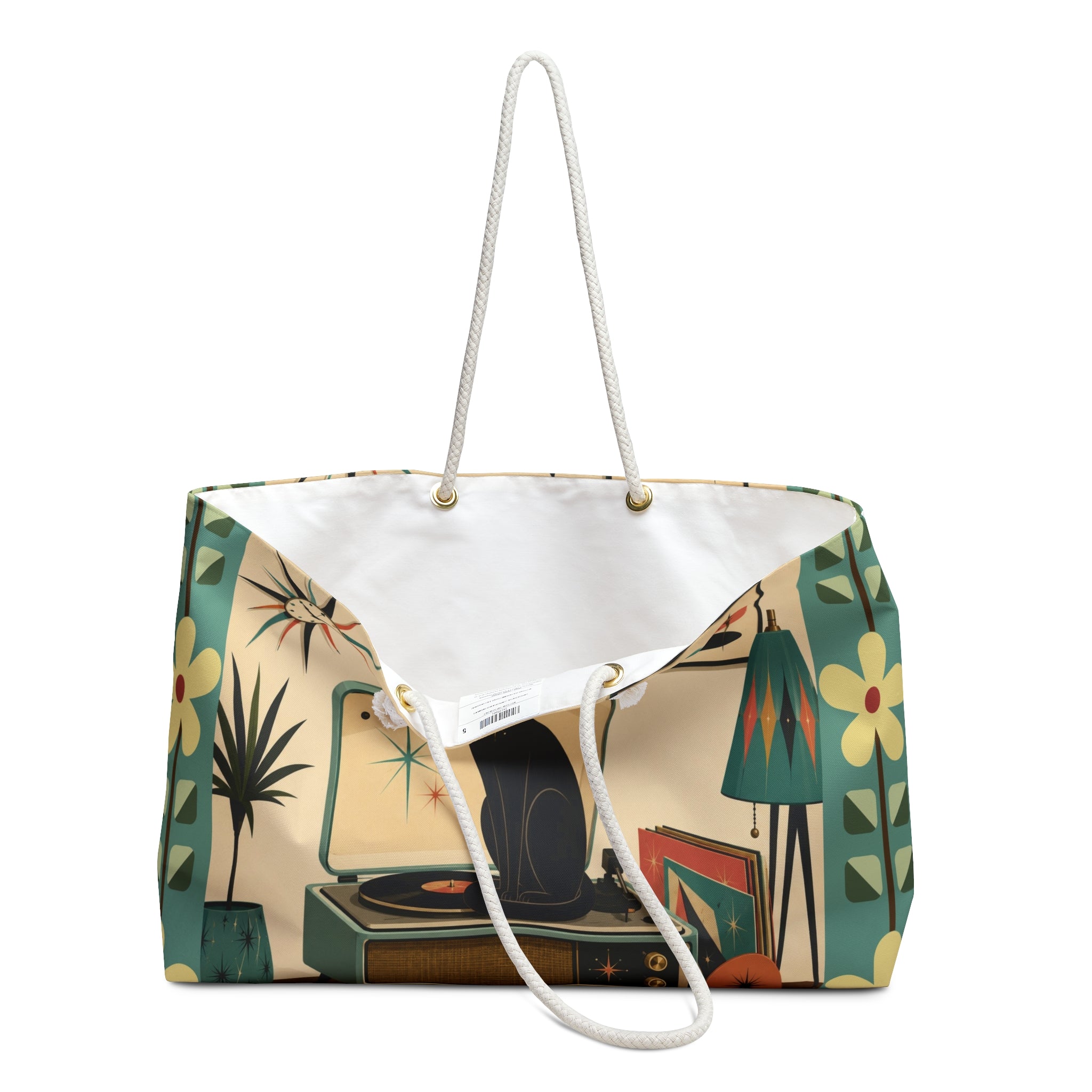 Mid Century Atomic Black Cat Record Player Weekender Bag | Retro Atomic Home Decor