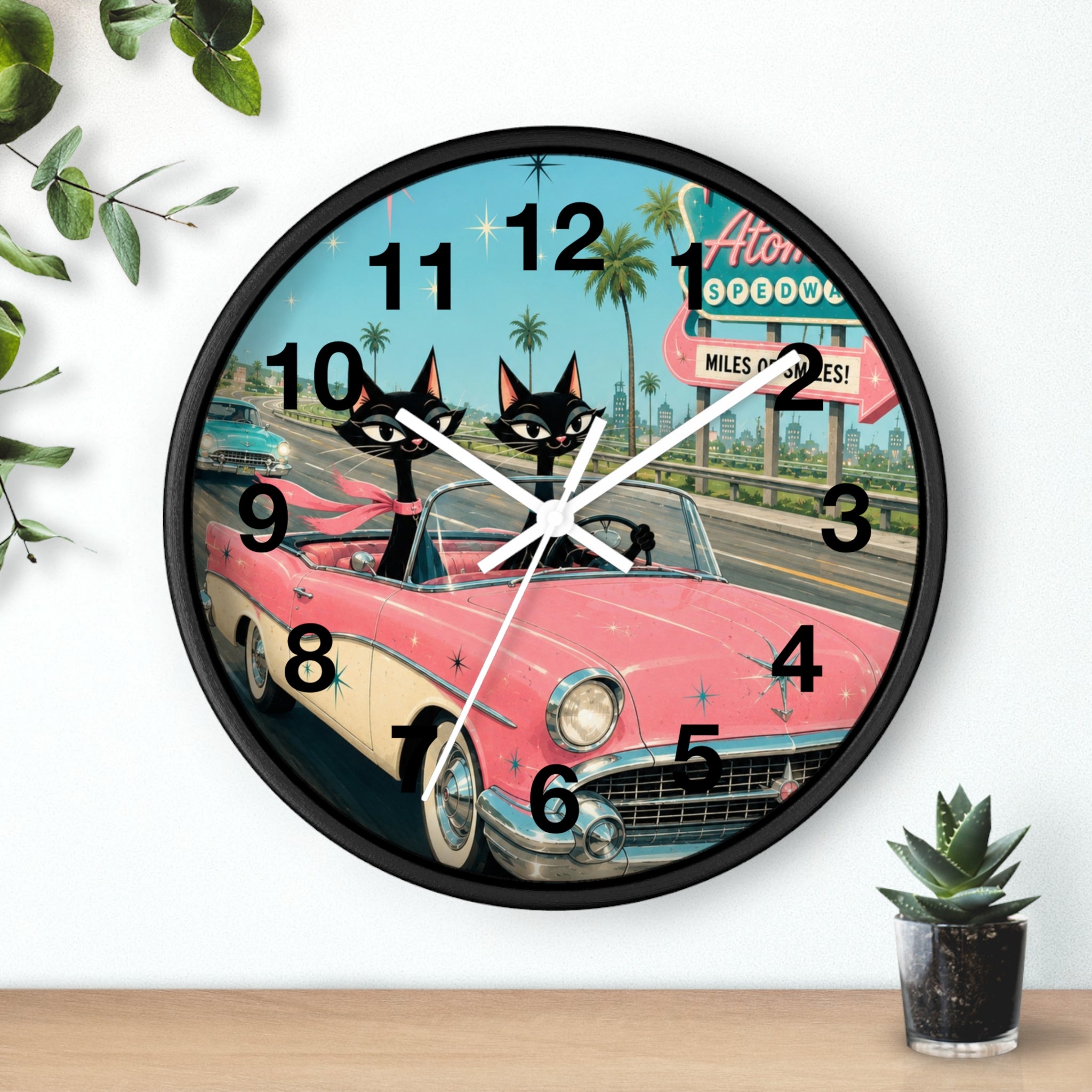 Retro Atomic Cat Roadtrip Wall Clock | Vintage Pink Convertible, Palm Trees