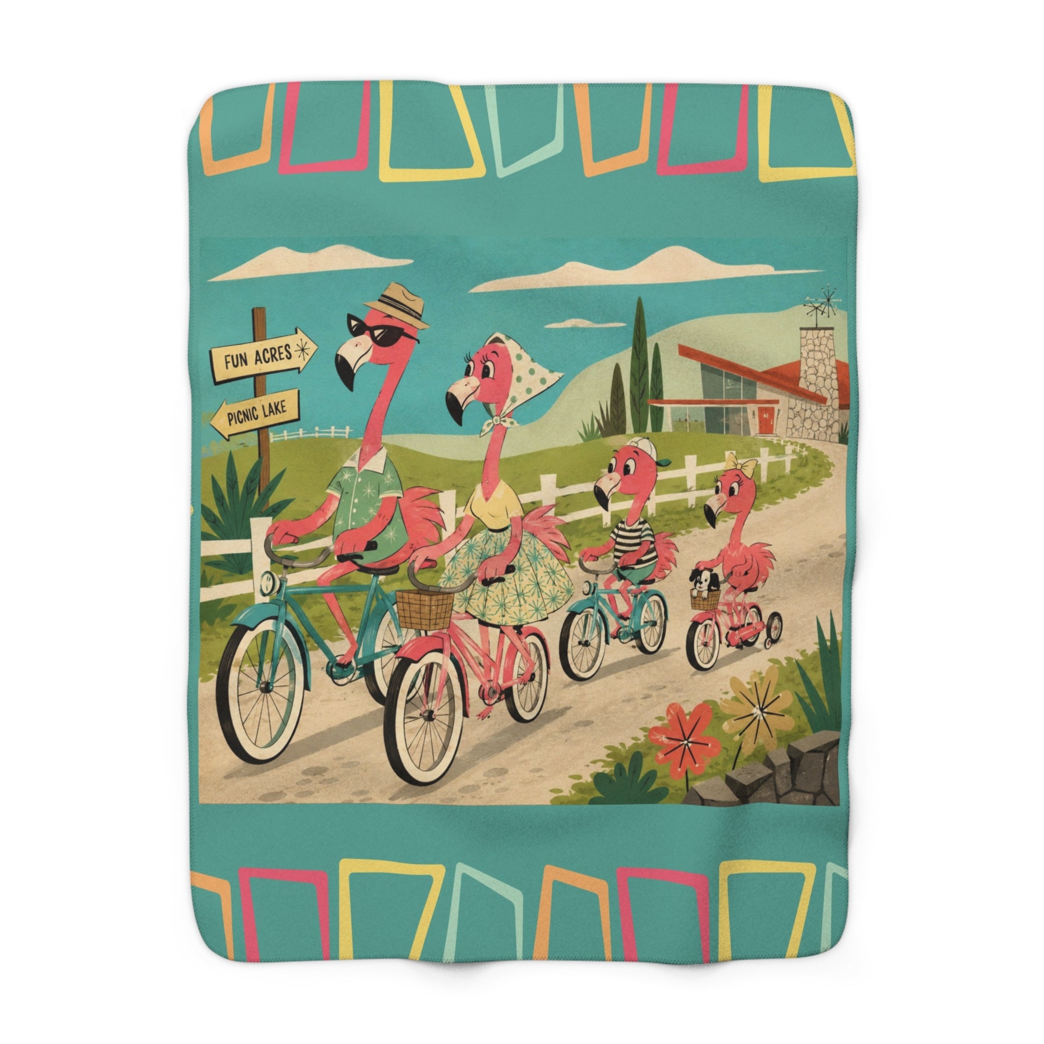 Retro Flamingo Family Bike Ride Sherpa Fleece Blanket | Vintage Tropical