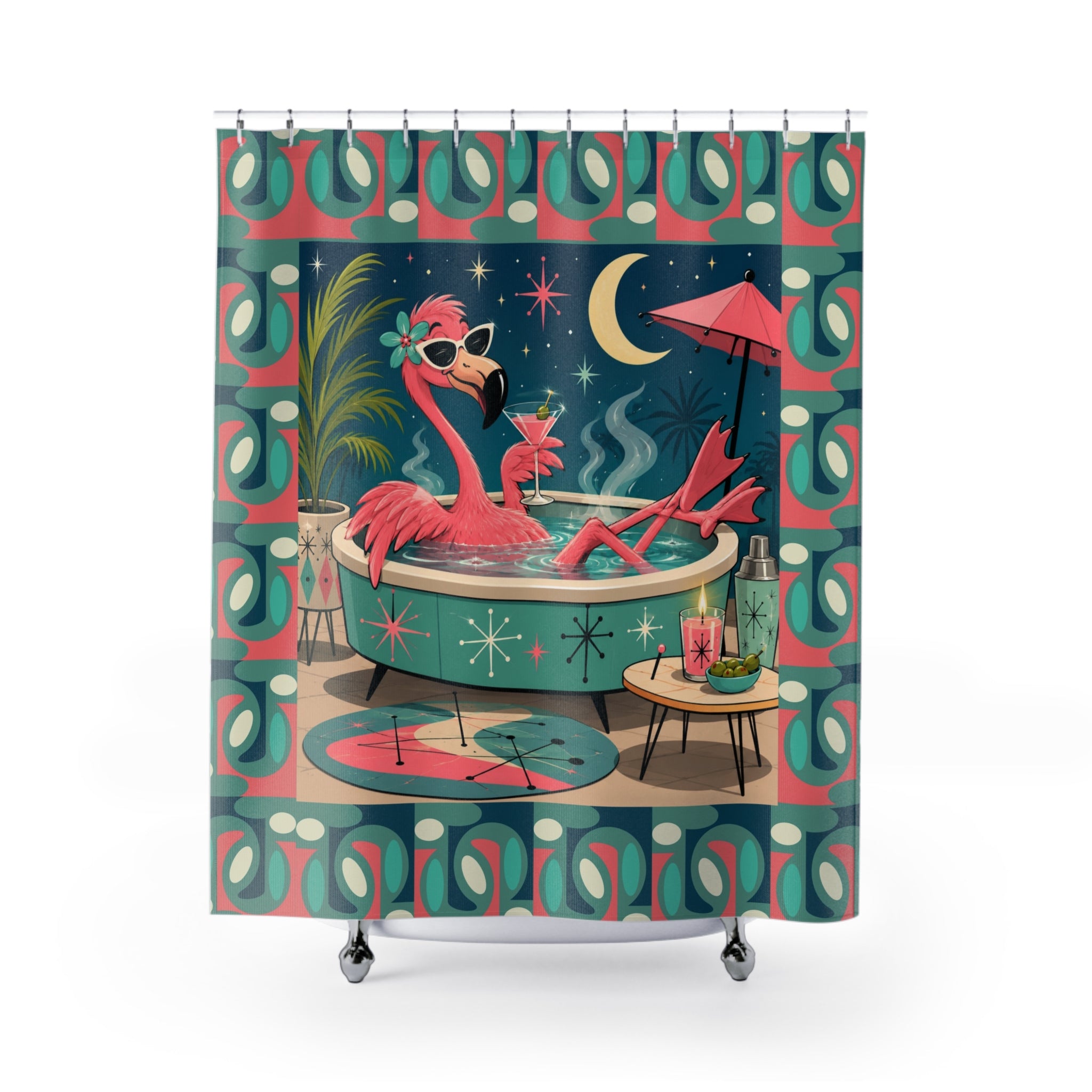Retro Flamingo MCM Cocktail Shower Curtain | Mid Century Tiki Bathroom