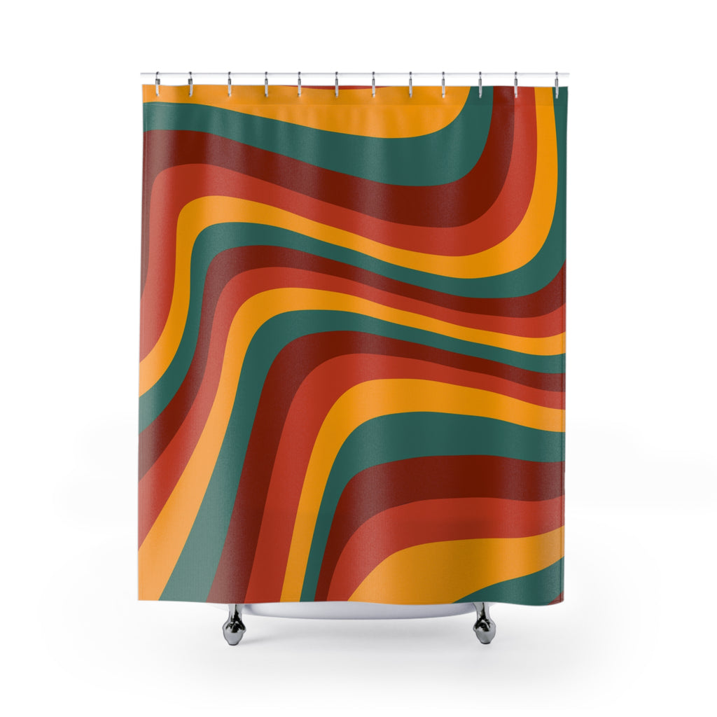 Retro Wavy Stripe Shower Curtain — 1970s Boho Bathroom Decor