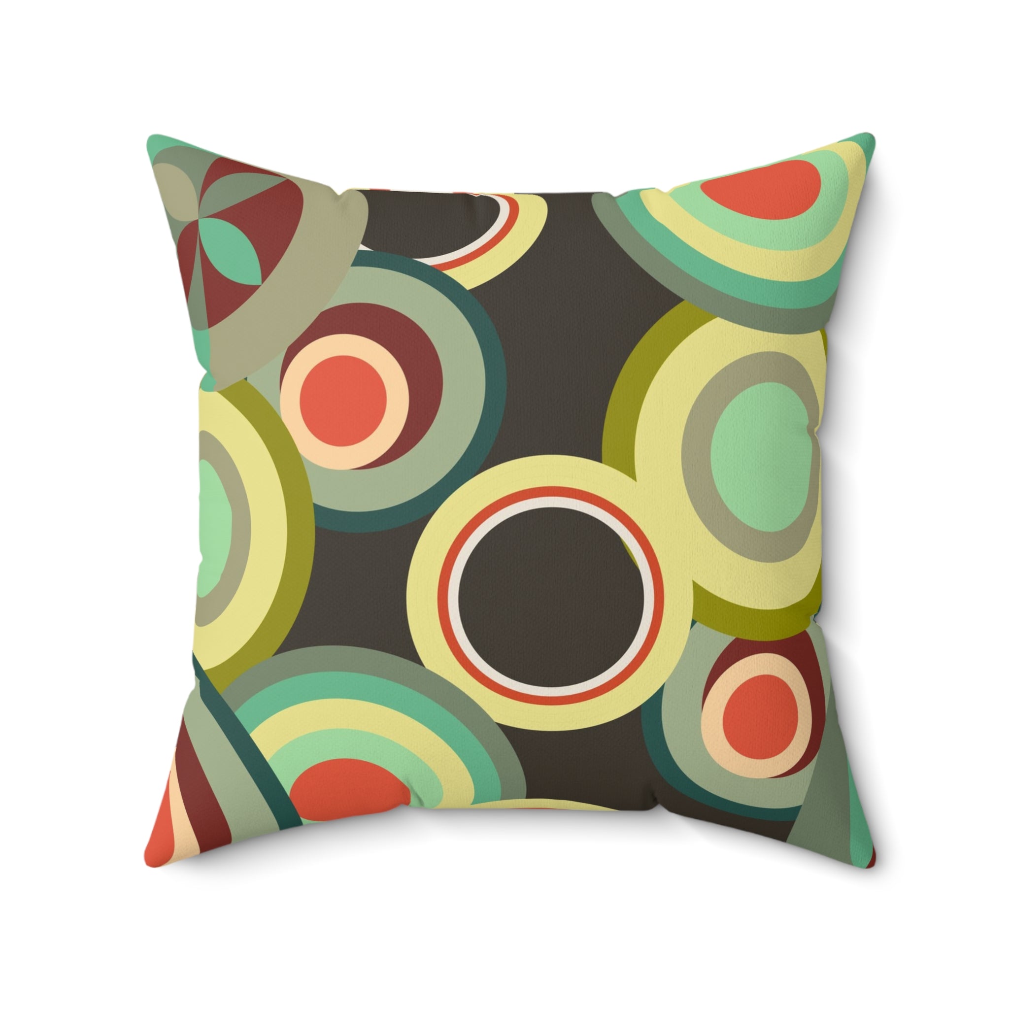 Retro circles orbs Spun Polyester Square Pillow, colorful home decor, abstract scatter throw cushion