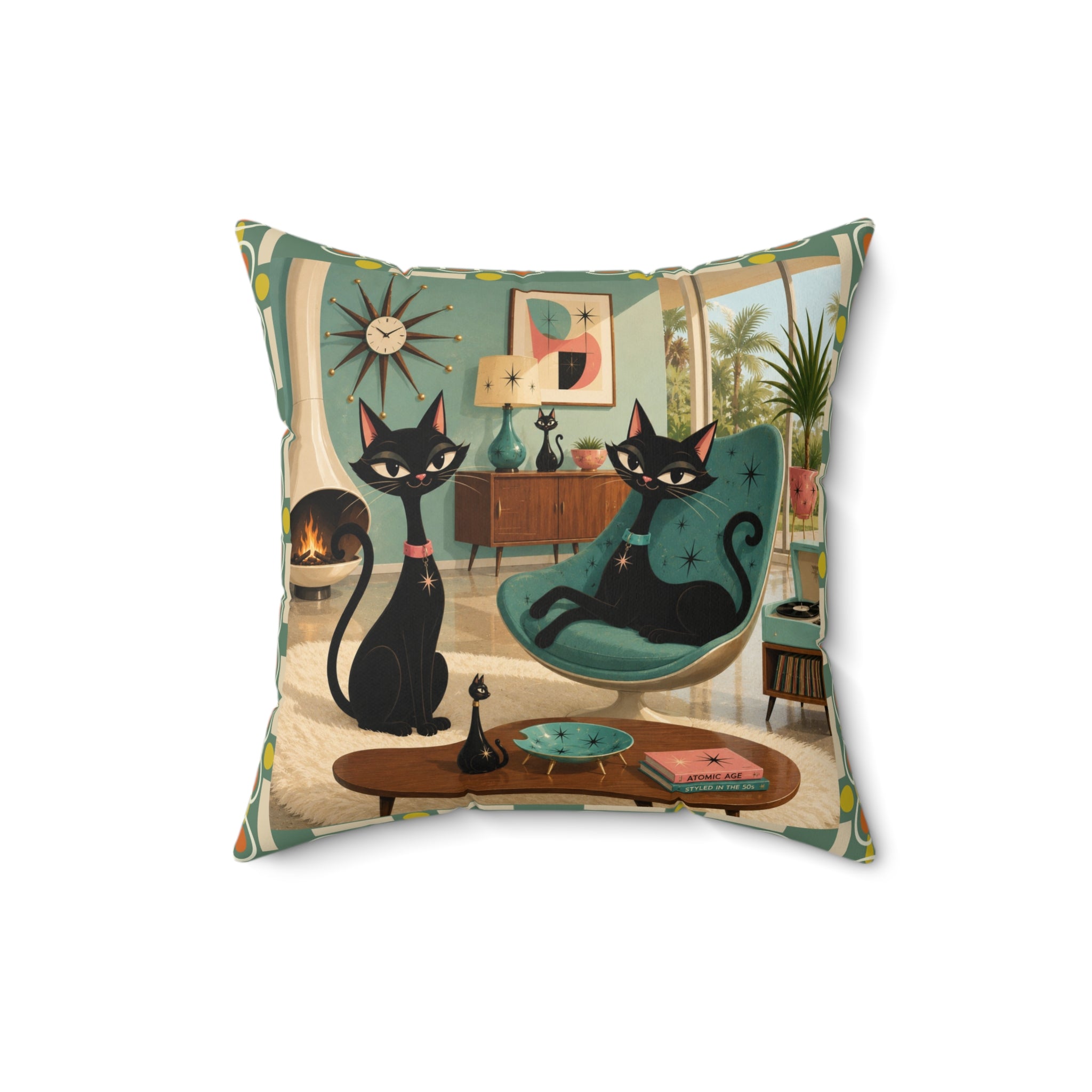 Mid Century Atomic Black Cats Pillow | Retro Living Room Cat Illustration