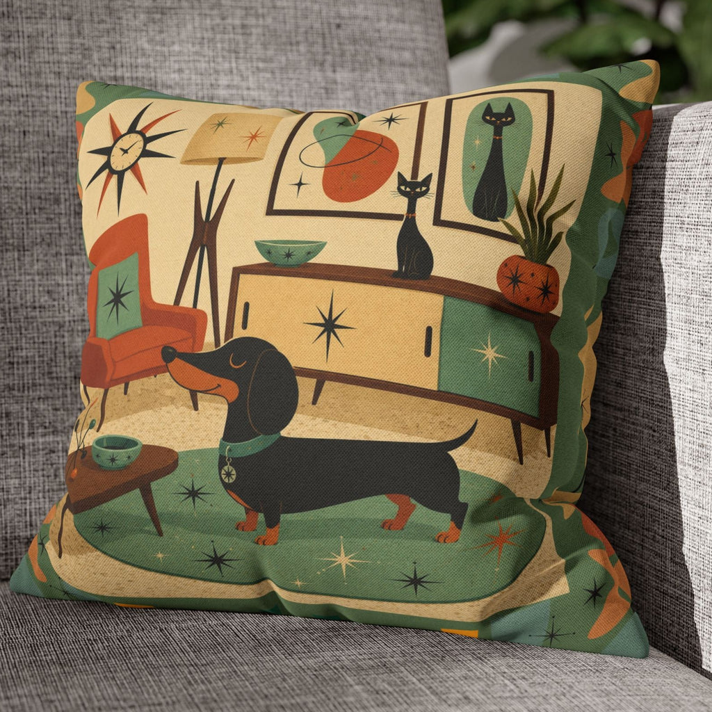 Mid-Century Living Room Dachshund Pillowcase | Square Pillowcase - COVER ONLY