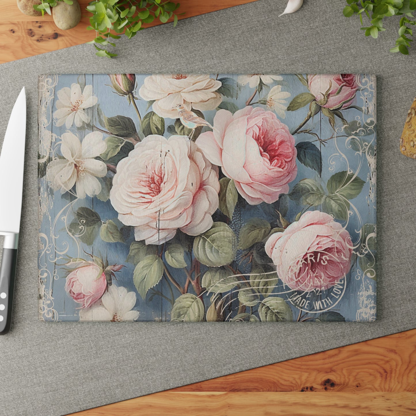 Pink roses shabby chic style Glass Cutting Board, vintage inspired floral chopping board