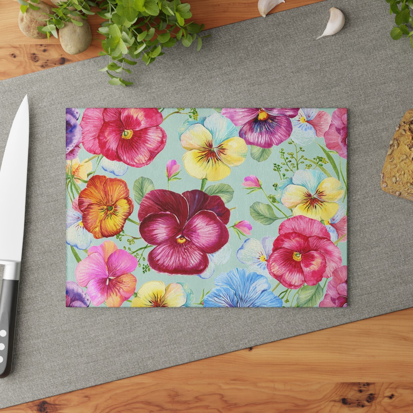 Pansy Cutting Board a Floral Tempered Glass Cheese Board, Unique Floral Chopping Board & Flower Counter Protector, Floral Kitchen decor