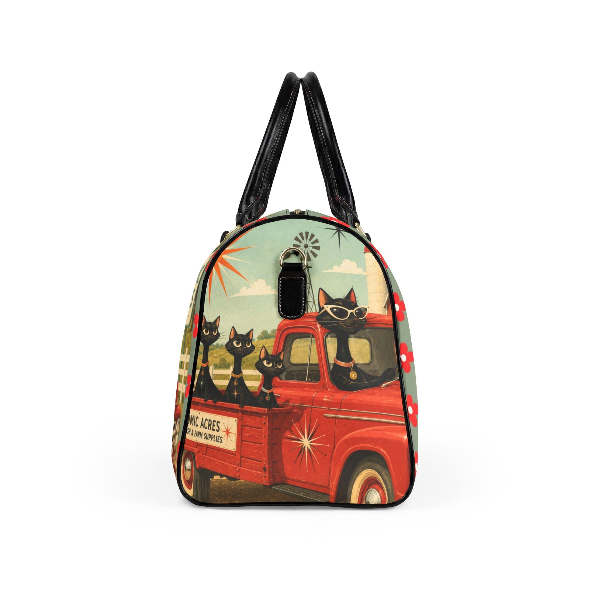 Retro Atomic Cats Truck Faux Leather Travel Bag | Atomic Acres Vintage Roadside Art