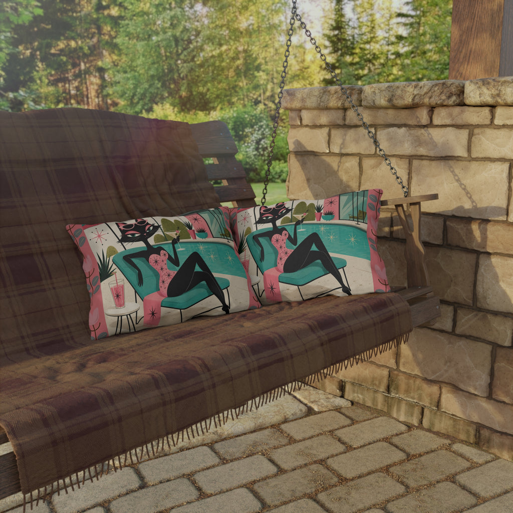 Retro Poolside Cat Outdoor Pillow | Mid Century Modern Cocktail