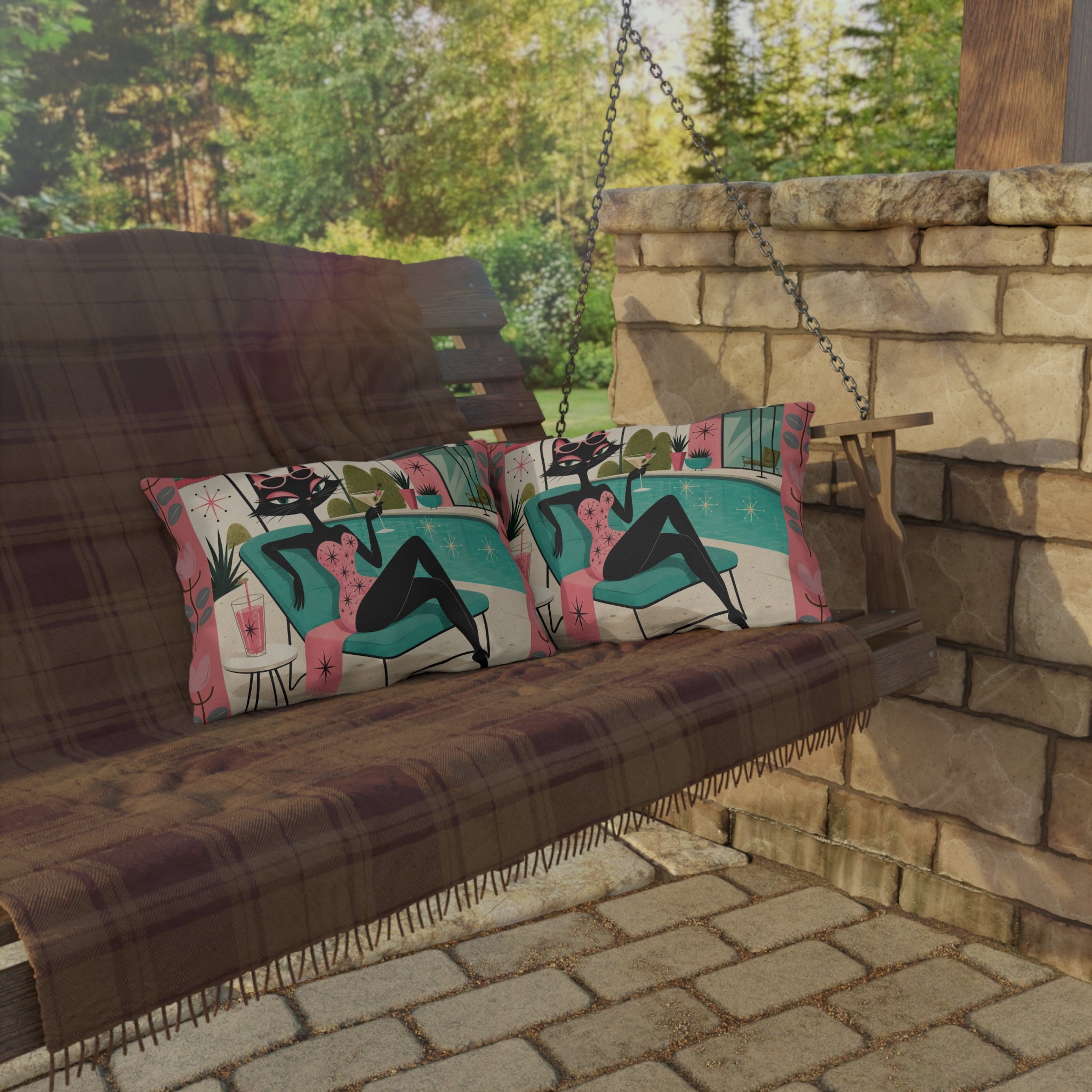 Retro Poolside Cat Outdoor Pillow | Mid Century Modern Cocktail