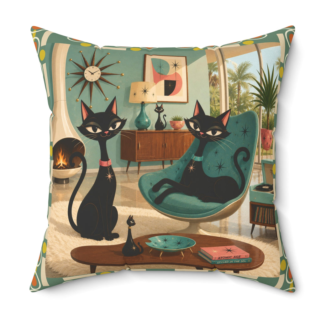 Mid Century Atomic Black Cats Pillow | Retro Living Room Cat Illustration