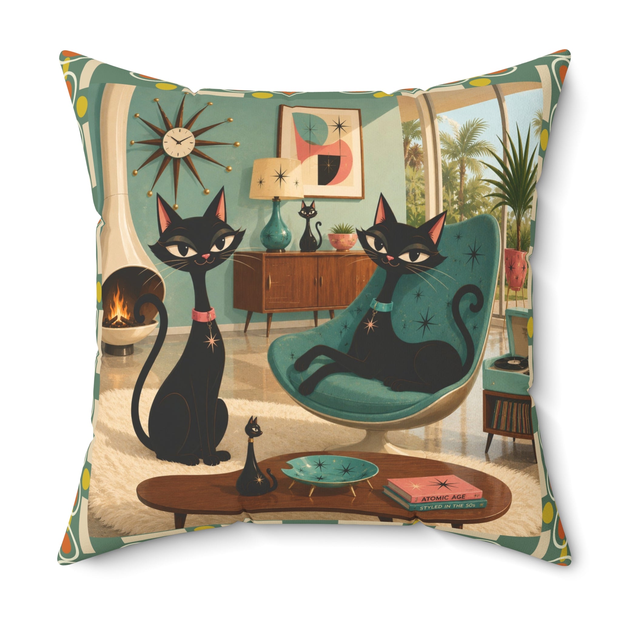 Mid Century Atomic Black Cats Pillow | Retro Living Room Cat Illustration