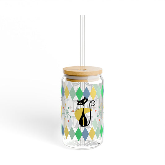 Atomic cat Sipper Glass, 16oz, Cute coffee glass, Glass tumbler, Cute coffee cup, Coffee glass with straw and lid, Iced coffee glass