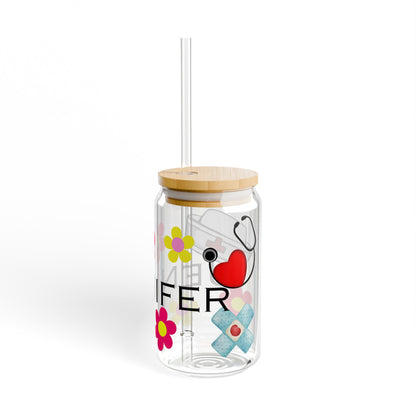 Nurse personalized Sipper Glass, 16oz, nurse gift, glass coffee cup, iced coffee glass, name glass with lid and straw