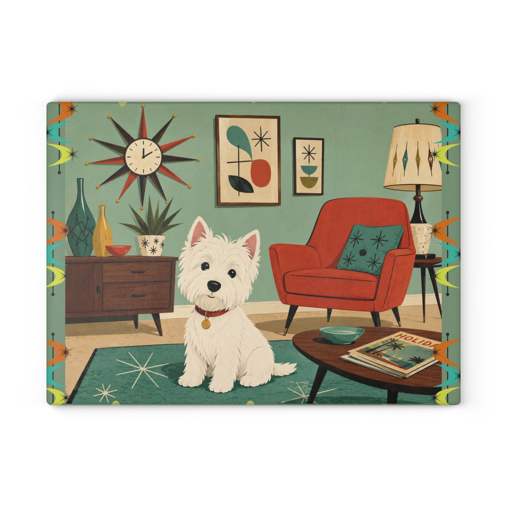 Westie in Mid-Century Living Room Glass Cutting Board | Retro Dog Kitchen Decor