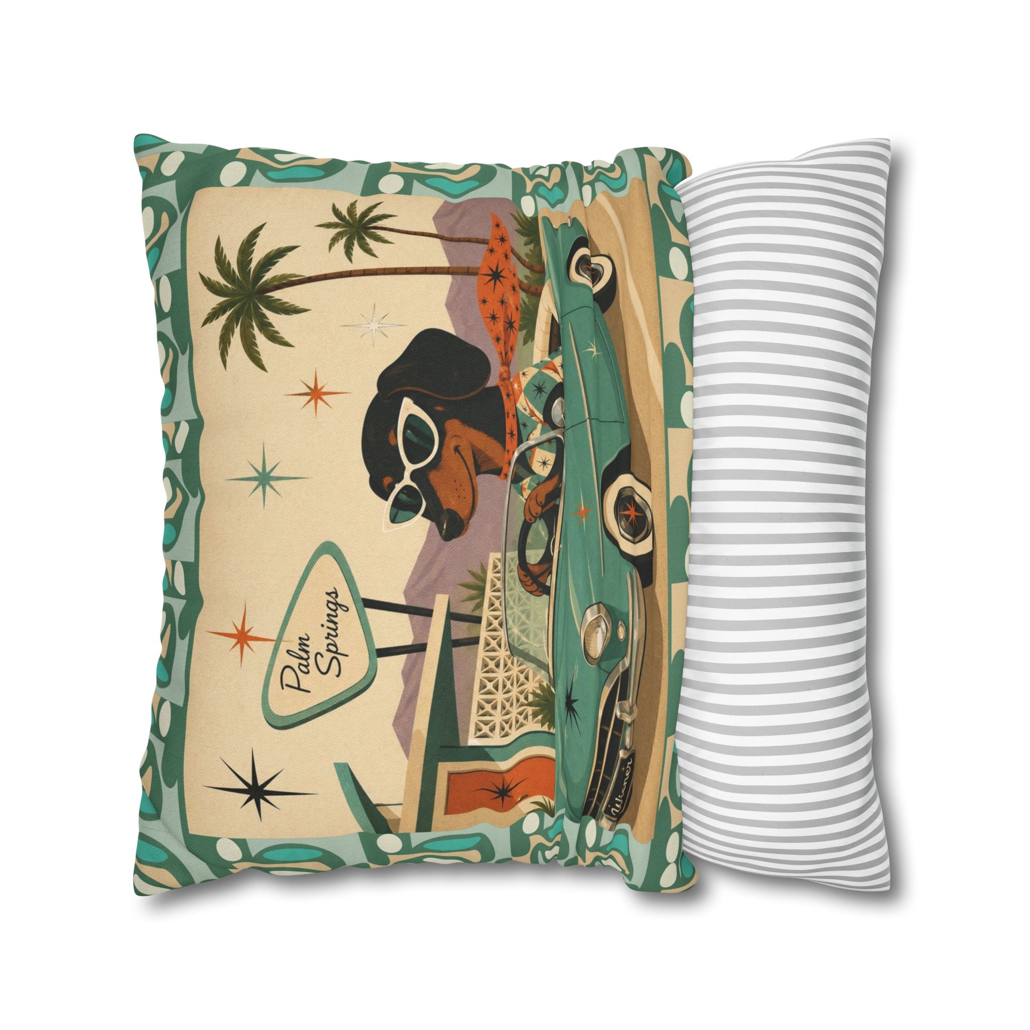 Retro Dachshund Driving Convertible Pillowcase | Palm Springs Vintage Car - COVER ONLY