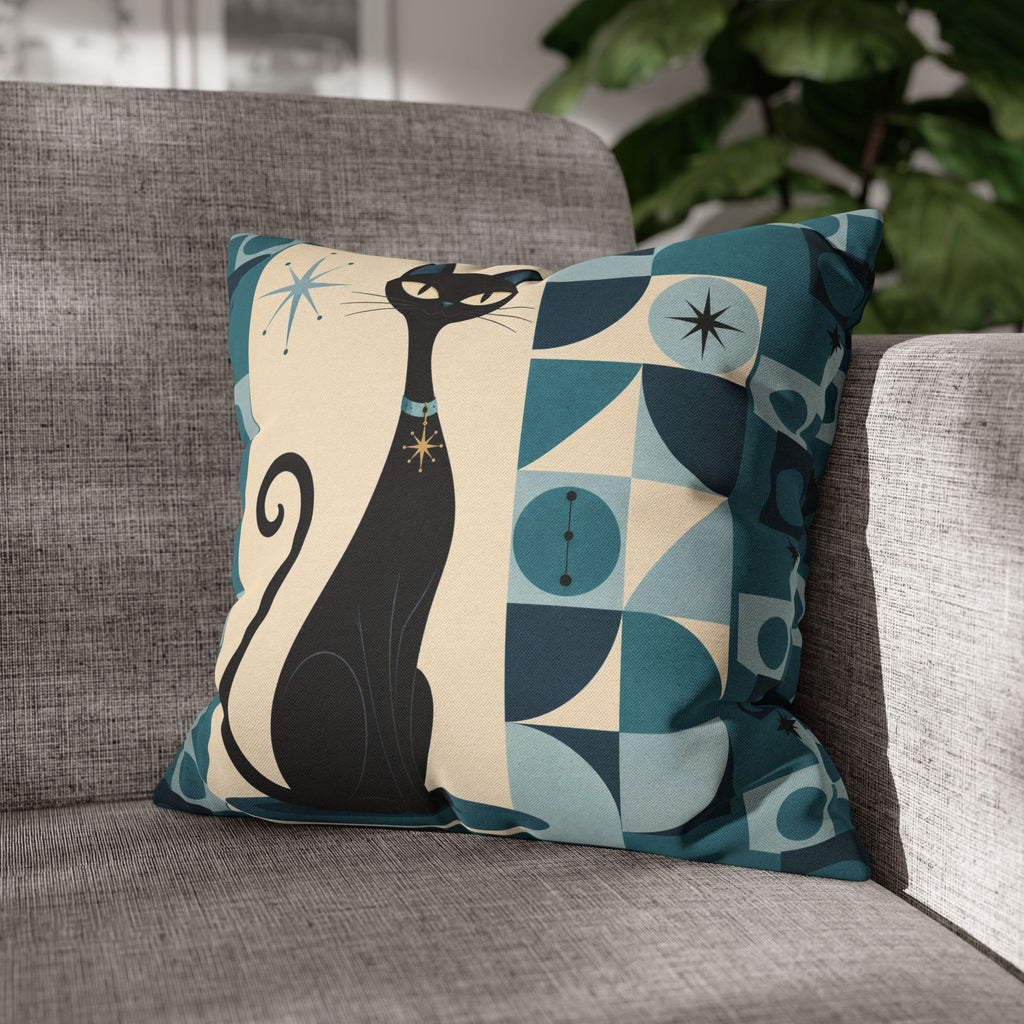 Mid Century Atomic Black Cat Pillowcase | Square Pillowcase, Retro Geometric Cat - COVER ONLY
