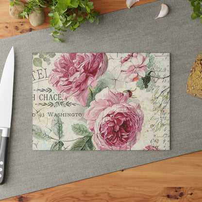 Shabby chic Glass Cutting Board, French country, peony roses, vintage decor, tempered glass, bread board, floral chopping board